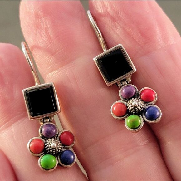 Vintage SE Sterling Multi Stone Flower Design Drop Earrings - Picture 1 of 5